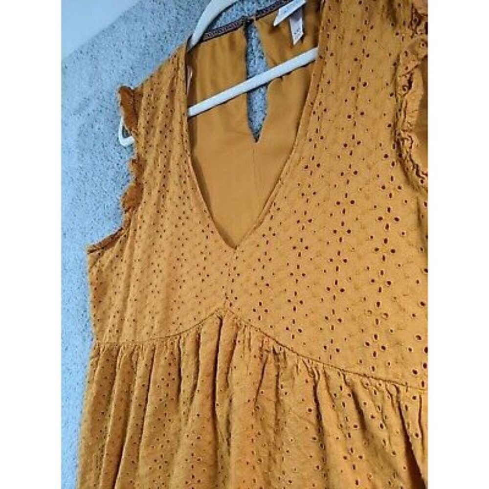 Knox Rose Dress Women XXL Mini Ruffle Sleeve Eyelet V Neck Cotton Mustard Yellow - Picture 8 of 13